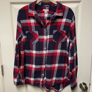 Red, white, and navy plaid flannel